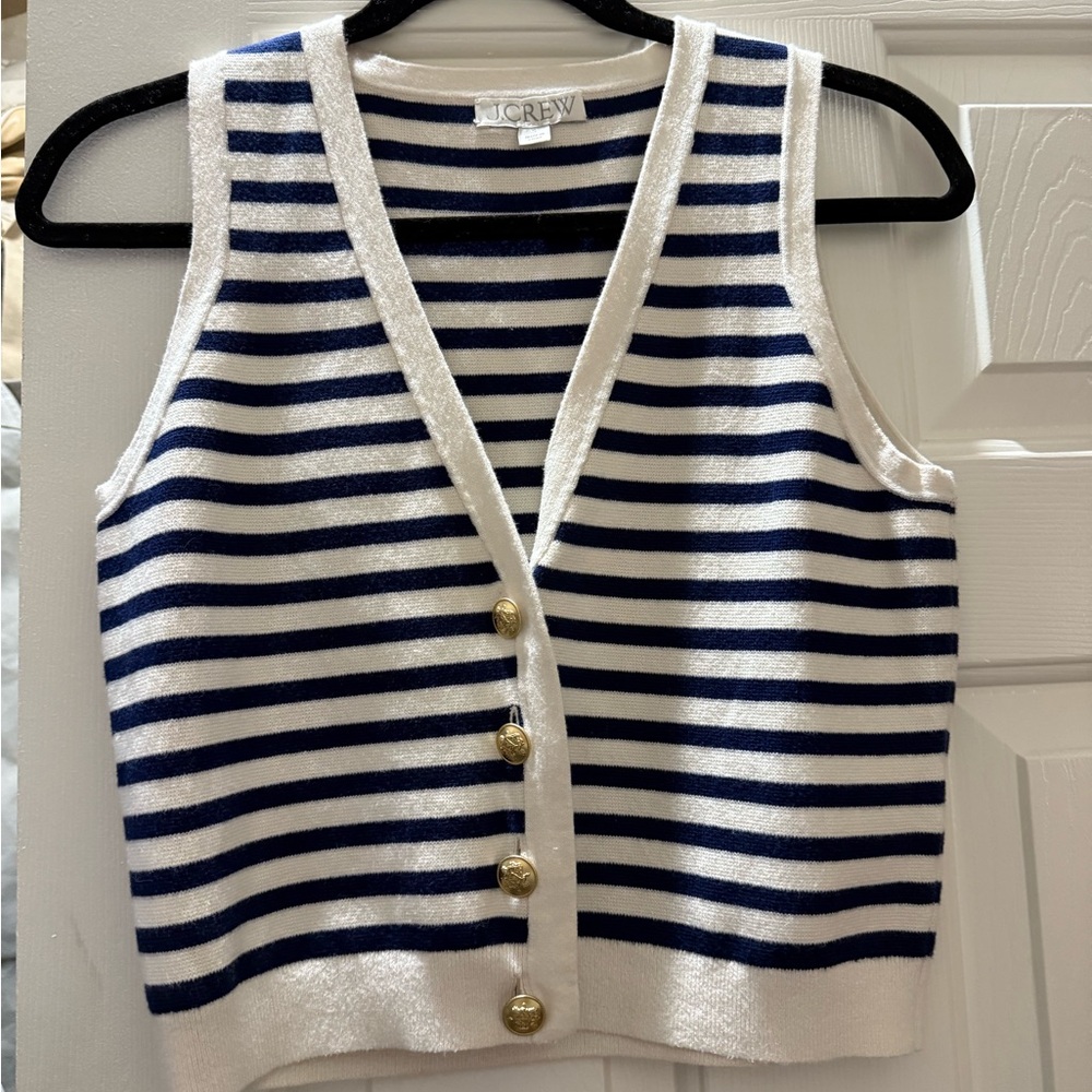 J. Crew Navy and White Striped Cardigan Vest